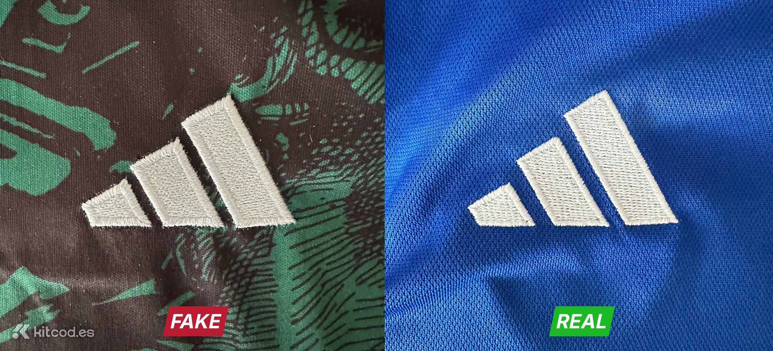 Authentic Adidas three-stripe logo with clean stitching straight lines and properly aligned lowercase wordmark