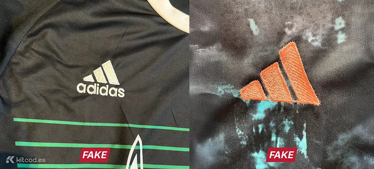 Fake Adidas logo showing poor stitching messy threads crooked stripes distorted typeface and awkward letter connections