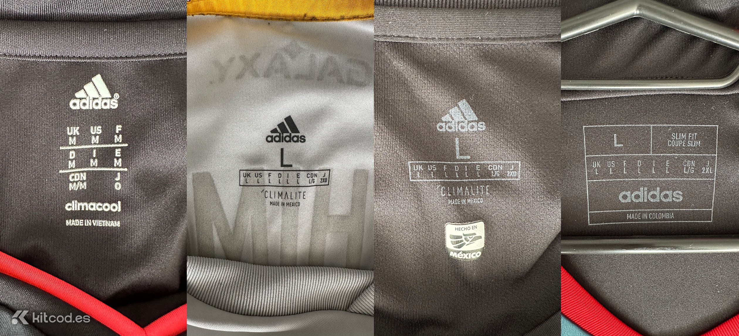 Adidas neck label showing Made in Cambodia with size information across different regions UK US F D I E CDN J