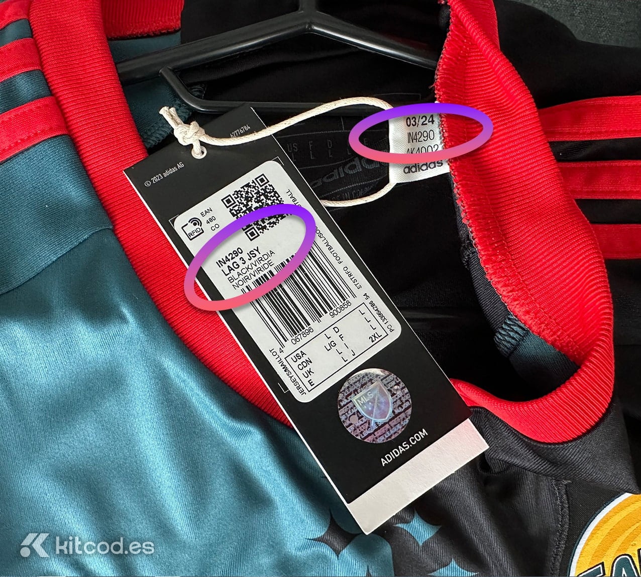 Authentic Adidas black swing tag with removable physical sticker showing product code and sizing information