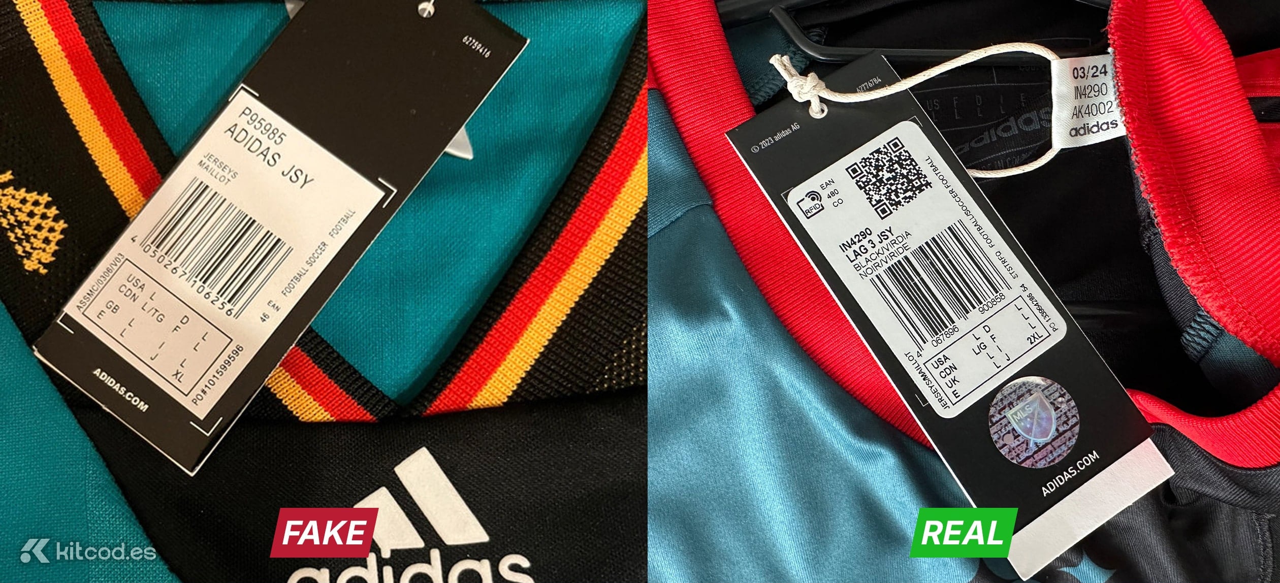 Comparison of authentic vs fake Adidas swing tags showing generic ADIDAS JSY label on fake vs specific club name and barcode on authentic