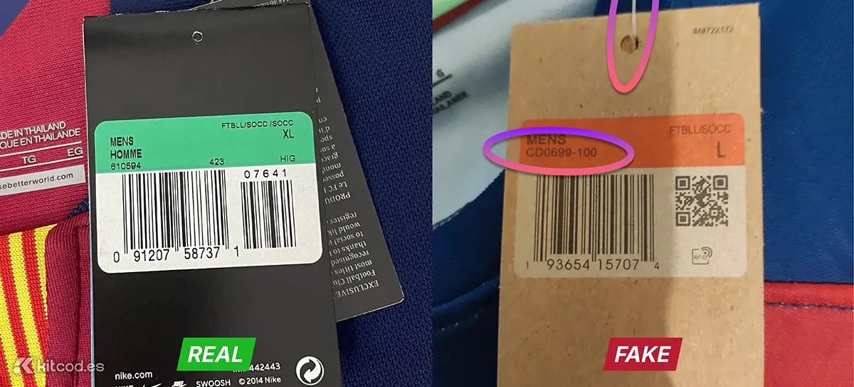 Comparison of authentic Nike swing tag with proper product code vs fake tag showing mismatched or missing codes
