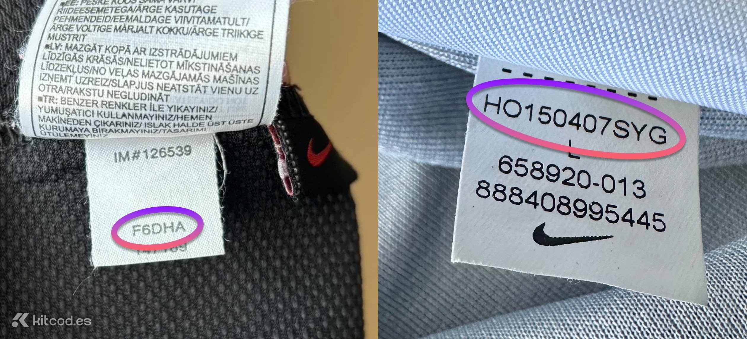 Nike production code label showing season code HO150407SYG indicating Holiday 2015 production from April to July