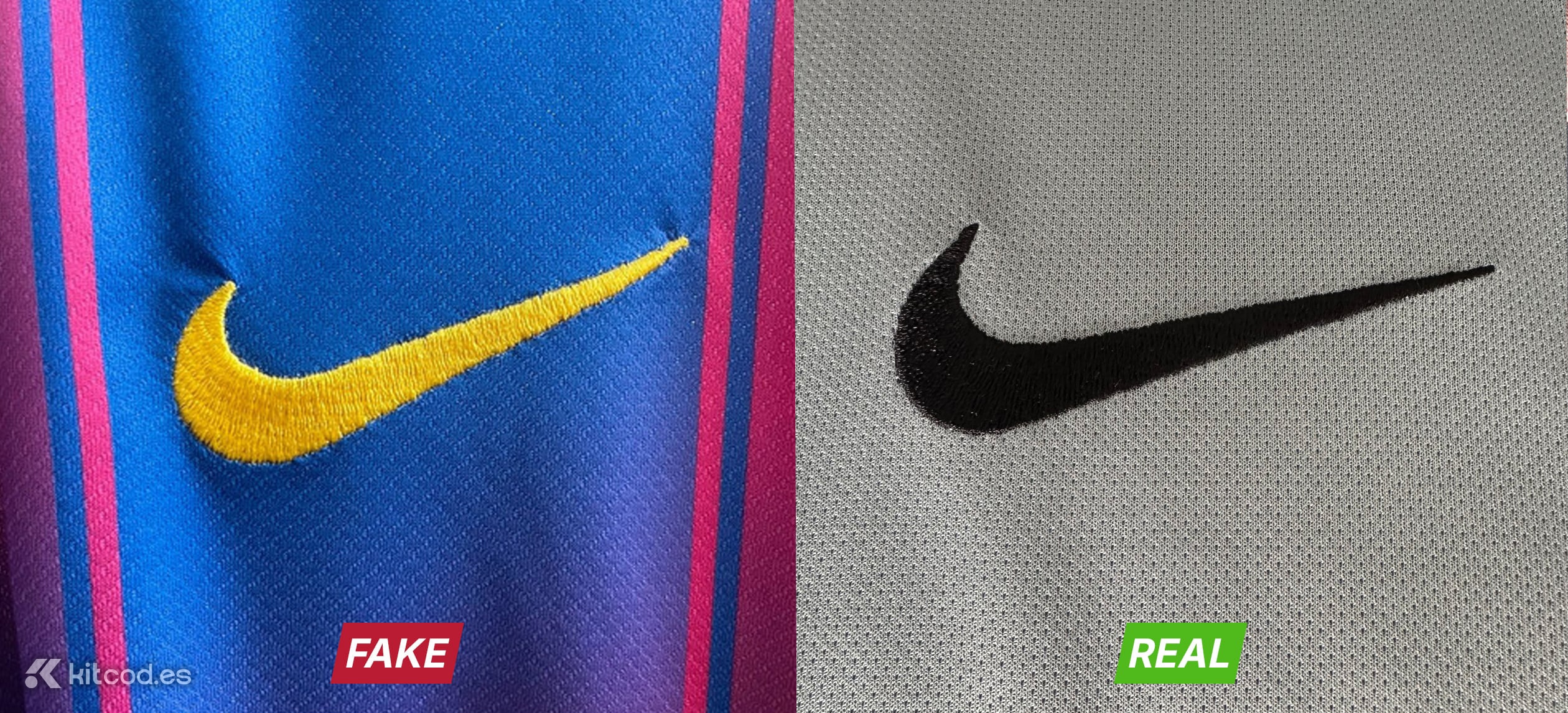 Authentic Nike Swoosh logo showing clean precise embroidery with sharp edges vs fake showing fabric gathering and poor stitching