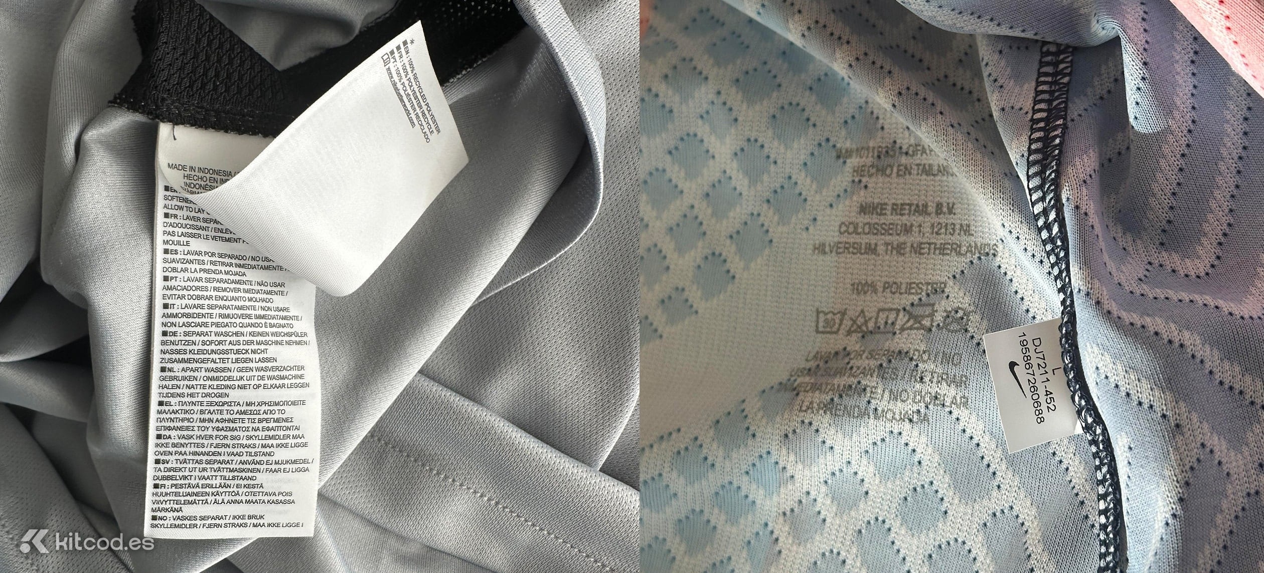 Nike care label sewn into inner side seam showing washing instructions manufacturing country and fabric composition