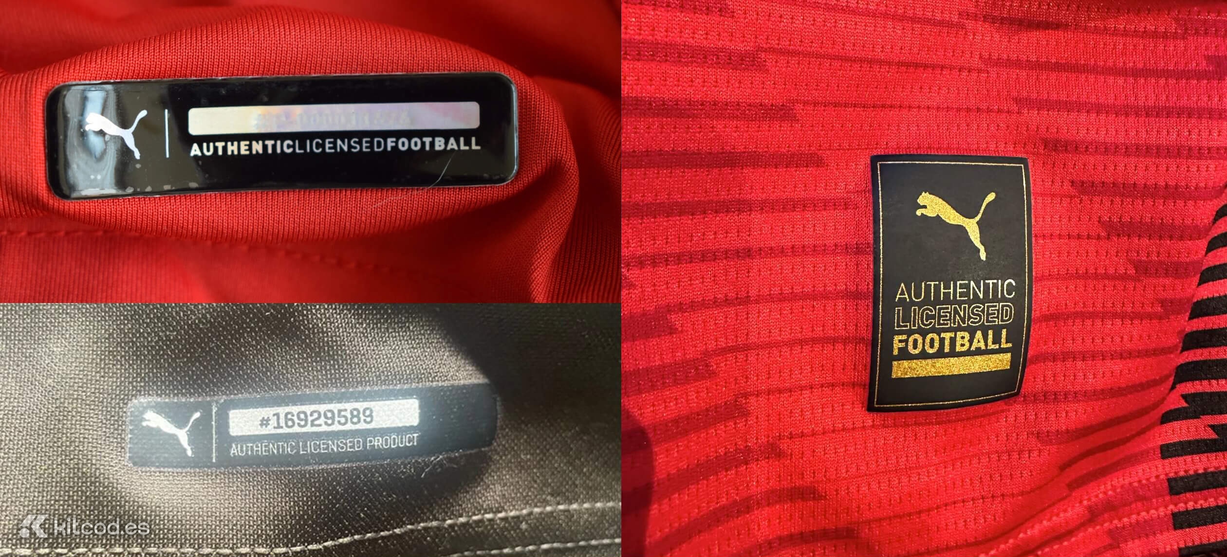 Puma security tags at bottom left showing alphanumeric authentication code on older kits and Authentic Licensed Football text on recent releases