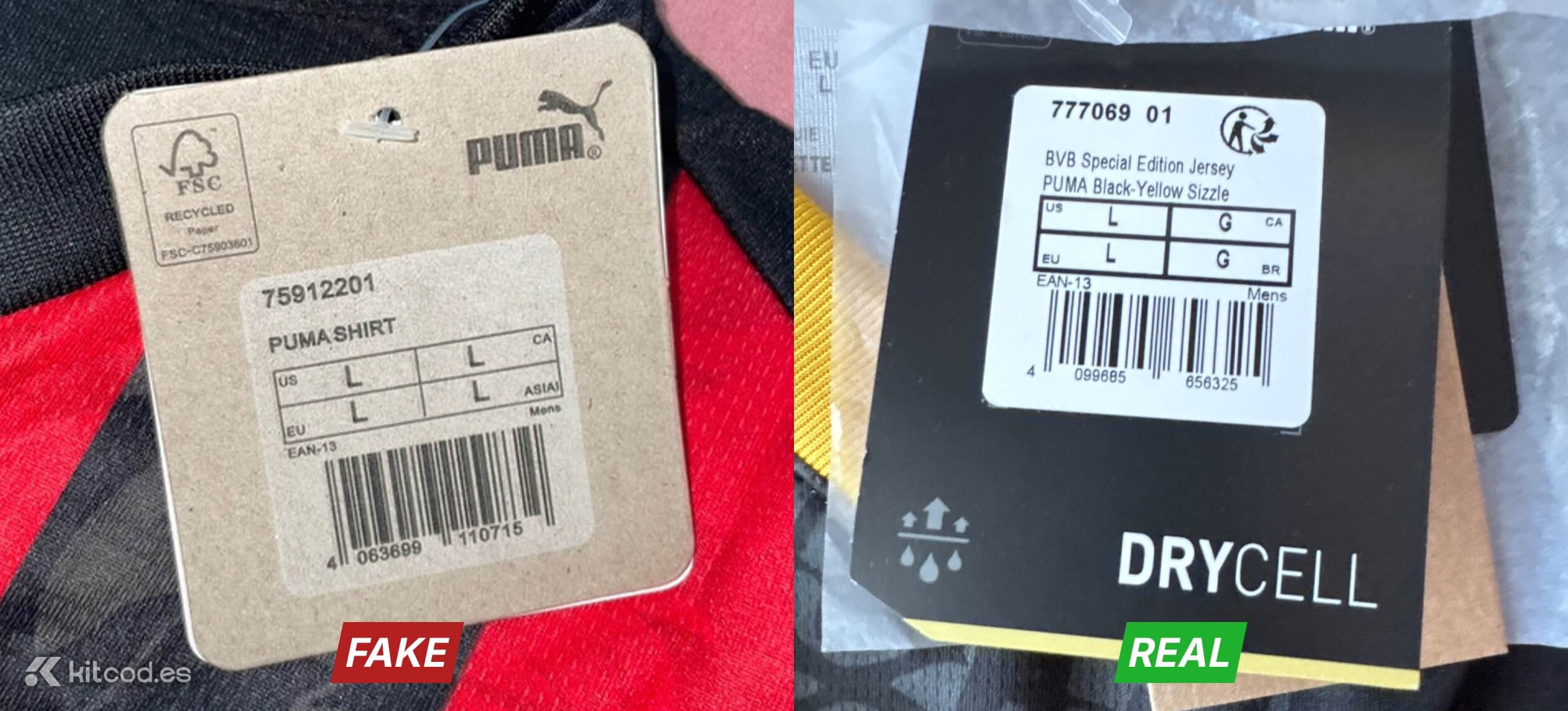 Authentic Puma swing tag with removable physical sticker showing product code size and barcode information