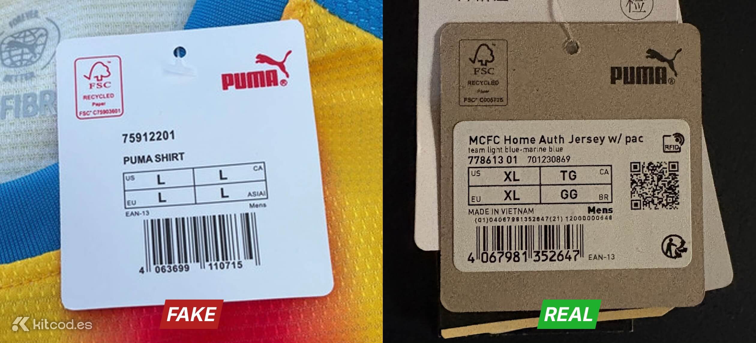 Puma swing tag showing detailed club name kit type color and regional sizing information vs generic fake labels